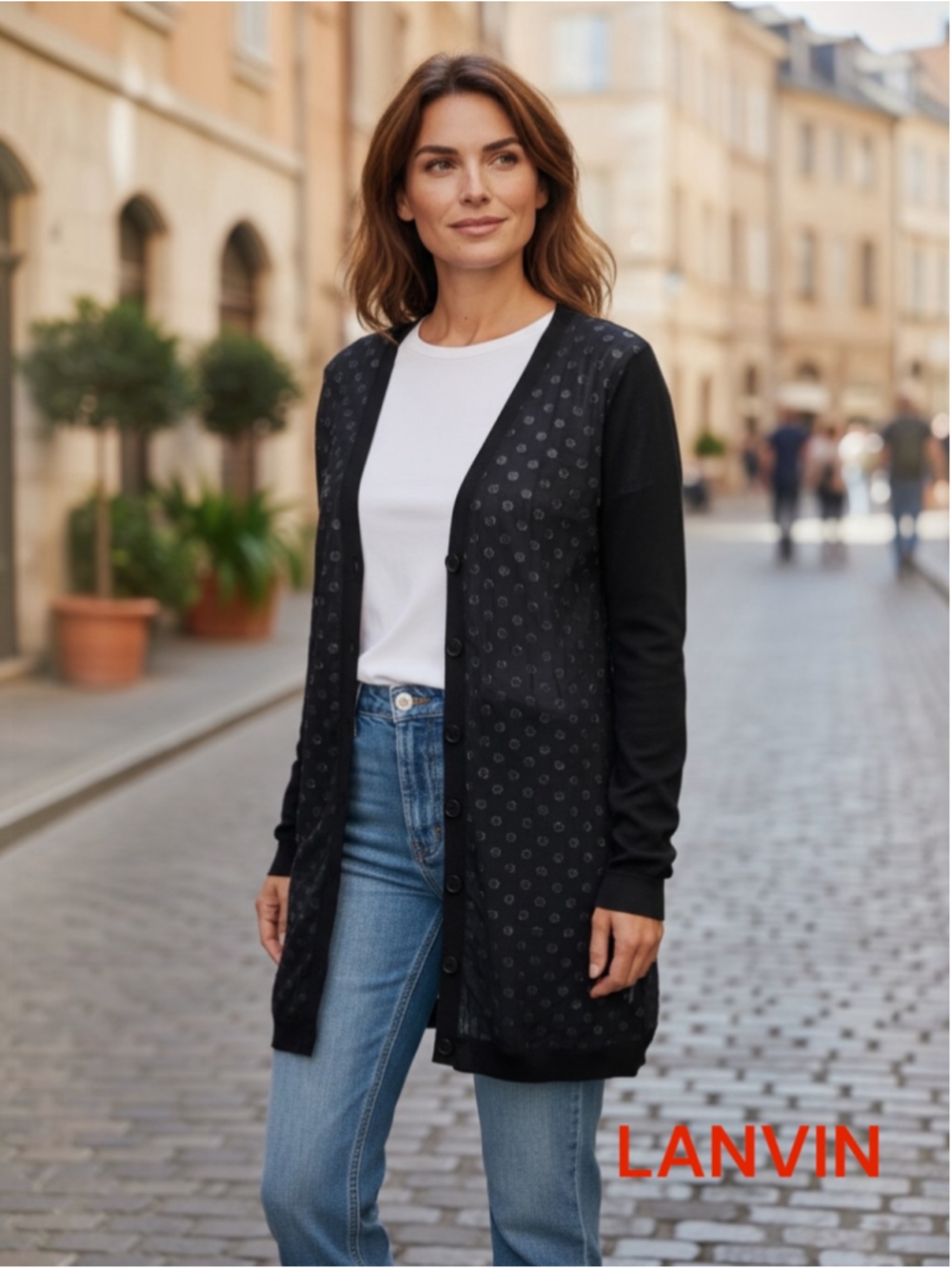 Women's LANVIN Black Silver Polka Dot Long Cardigan S